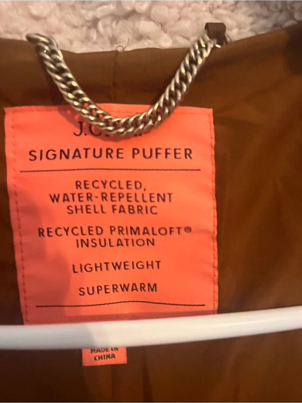 J. Crew Brown Puffer Coat with Cream Sherpa Trim